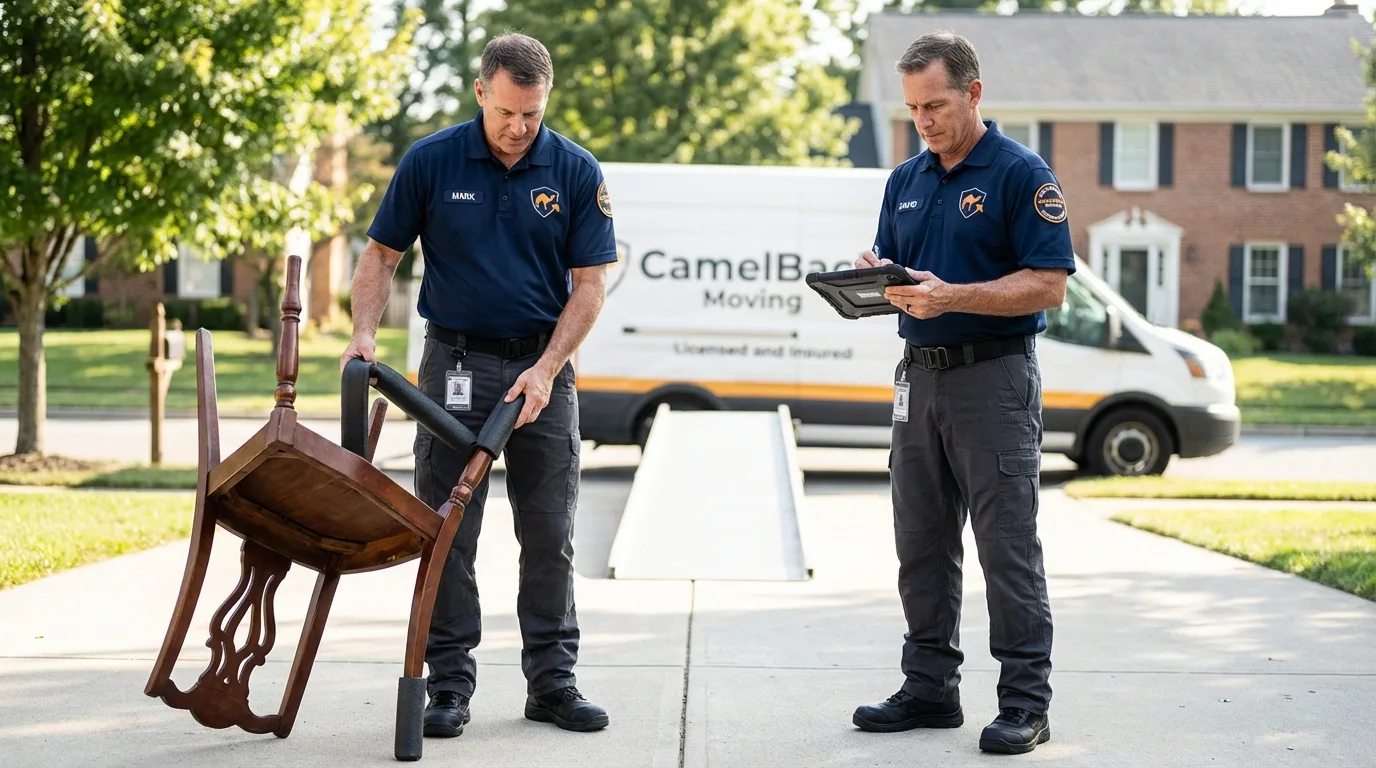 Movers inspecting furniture for damage prevention before loading in Seabeck, WA