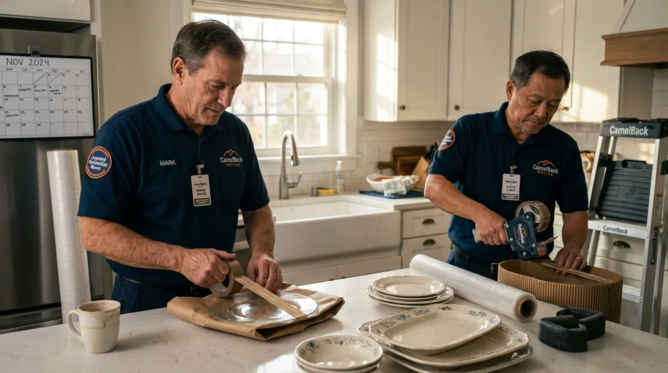 Professional crew packing kitchen dishware in Seabeck, WA